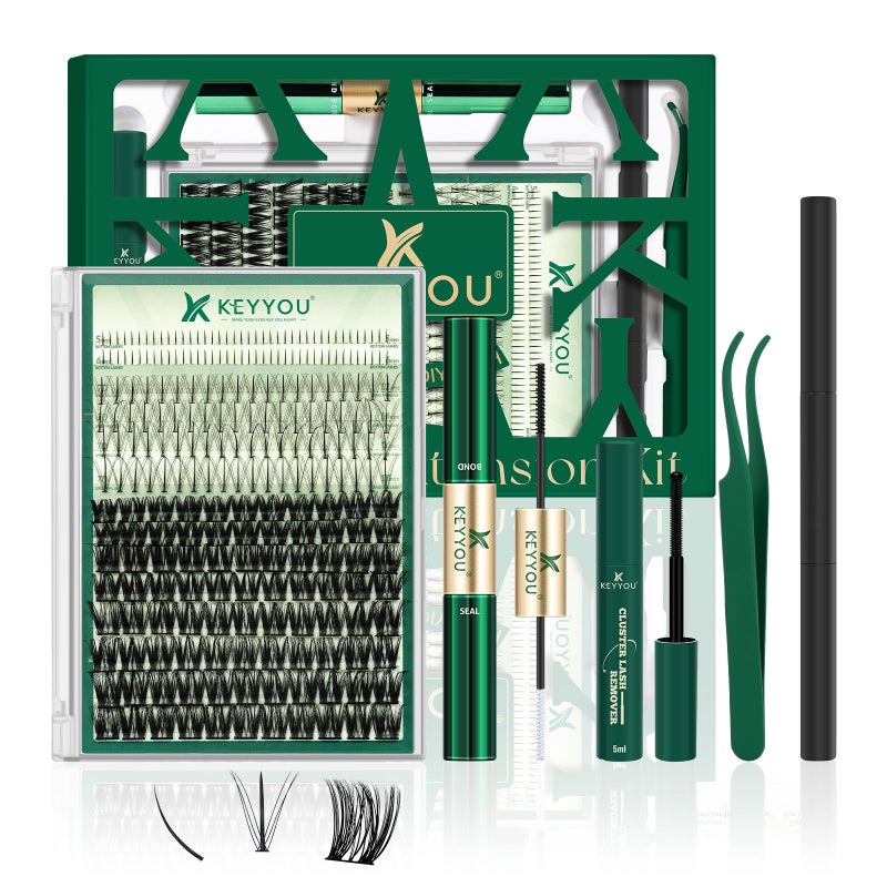 KEYYOU Lash Extension Kit Mixed 516mm Eyelash Extension Kit with Bottom Lashes MultiType Lash Clusters with Bond and Seal Applicator and Remover DIY at Home